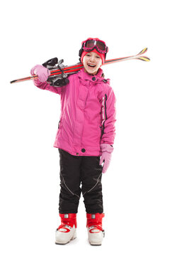 Girl skier standing with skis on the isolated background