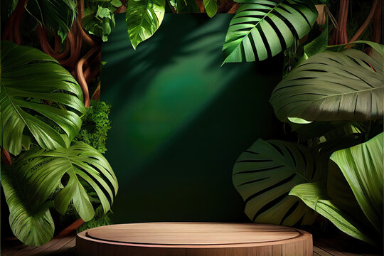 wooden product display podium for luxury product advertisement, lush jungle environment in the background