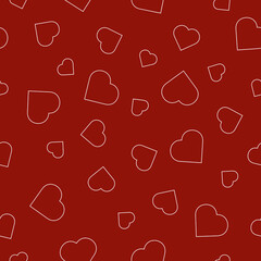 Outlines of white hearts on a red background seamless pattern