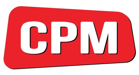 CPM text on red trapeze stamp sign.
