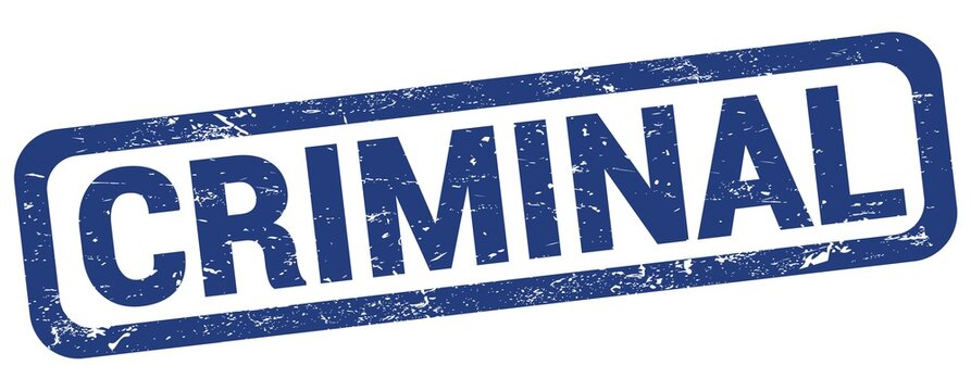 CRIMINAL text written on blue rectangle stamp.