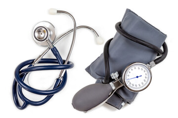 Blood pressure meter stethoscope, medical equipment isolated on white