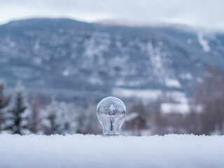 Light bulb sticking up from soft snow with a snowy mountain and trees in the background