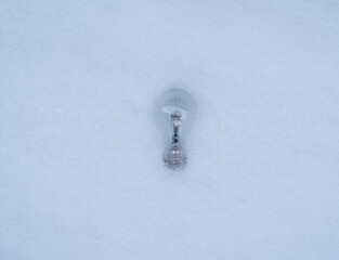 Light bulb laying in the white snow while turned of.
