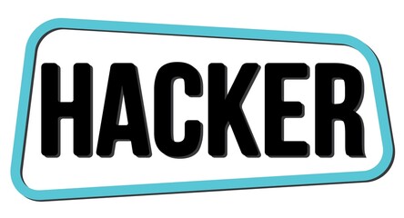 HACKER text on blue-black trapeze stamp sign.
