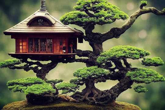 Fantasy Japanese Tree House In A Bonsai Tree Peaceful Garden In The Background