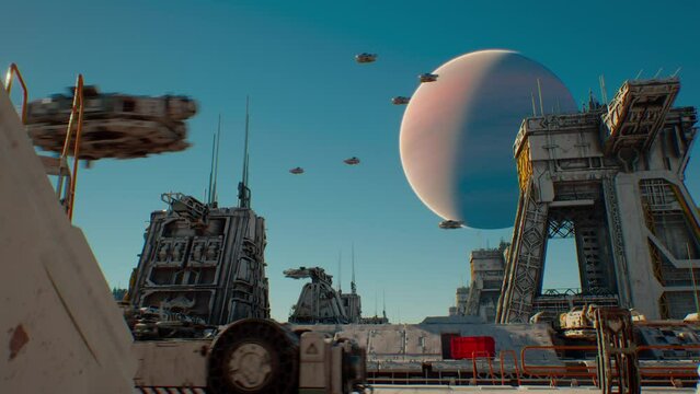 Futuristic Sci Fi Ships Flying Through a Military War Base. Realistic 4k Animation. 3D Rendering