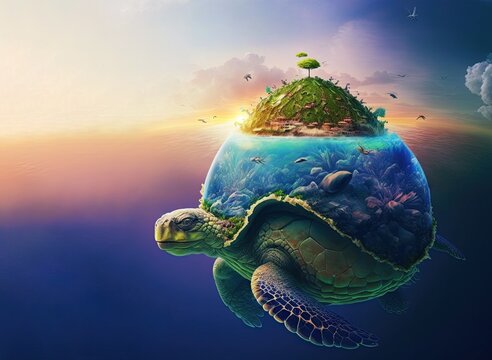 Tropical island with palm trees and a paradise beach, floating in the sea, made on the shell of giant green turtle swimming underwater. Background with copy space