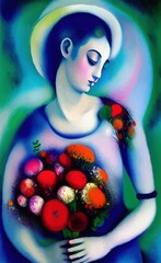Woman with bouquet of flowers, expressionism cubism naive digital painting in style of Chagall, digital art with oil imitation illustration