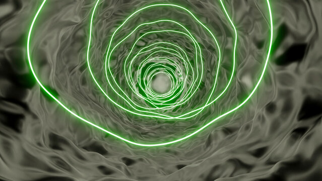 Tunnel with plasma liquid and neon lines. Design. Bright tunnel with neon lines and liquid plasma. Neon tunnel with liquid plasma