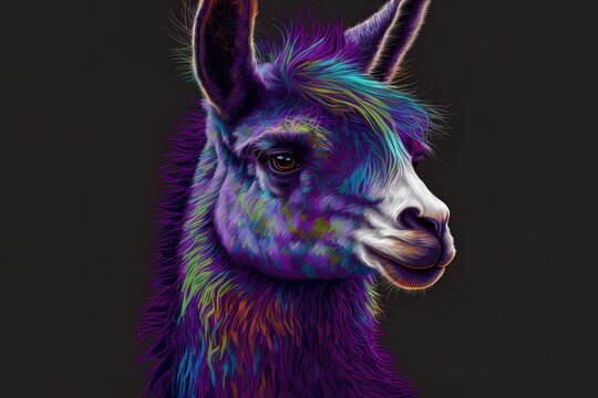 An abstract, multicolored, hand-drawn picture of an alpaca llama on a deep purple backdrop. 