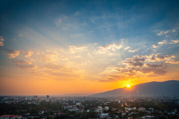 Chiang Mai City (Thailand) with beautiful sky and sunset. Chiang Mai at twilight time.