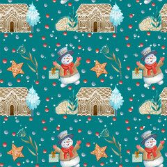 seamless pattern with christmas trees ,snowman and gringerbread