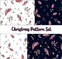 Christmas patterns set.  With Christmas tree branches and mistletoe on dark and bright background. 4 backgrounds for wrapping paper, banners, designs, cards, invitations