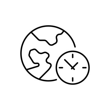 World time line icon. Time zone, time, date, day, hour, minute, place, side, season chronology, planet, timetable, countries. Time concept. Vector black line icon on a white background