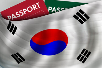 South Korean flag background and passport of Republic of Korea. Citizenship, official legal...