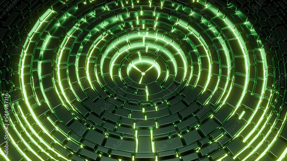 Poster rotating technological circles with neon lines. design. futuristic 3d circles rotate with neon lines