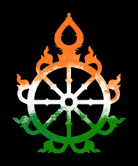 Nila Chakra painted in colors of the flag of India and isolated on black background. Hindu religious sacred symbol of Shree Jagannatha Mahaprabhu mounted on top shikhar of the Jagannath Temple in Puri