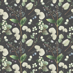 Watercolor seamless botanical pattern with herbal illustrations on dark grey background. Vintage art for textile and wrapping paper, wedding decor.