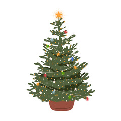 Christmas tree in pot decorated with holiday garland and star topper. Xmas fir with winter decoration. Vector illustration isolated on white background