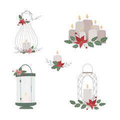 Set of candles, metall lanterns with decorations vector illustration. Can use for banner, web, mail, card