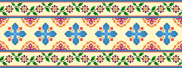 Aztec fabric carpet boho textile decoration wallpaper. Ikat pixel ethnic seamless pattern design. Tribal native motif ornaments traditional embroidery vector background 