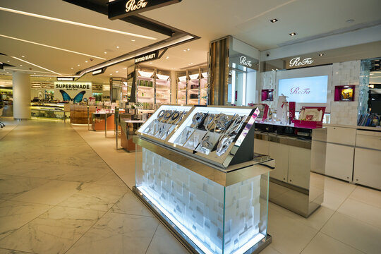 HONG KONG - CIRCA DECEMBER, 2019: interior shot of Harvey Nichols at Landmark commercial complex in Hong Kong.
