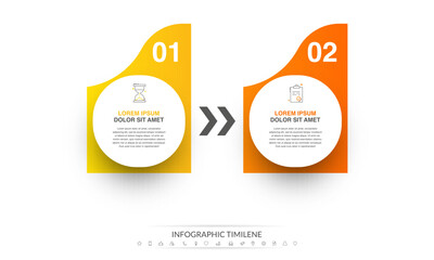 Vector concept infographics with 2 circles and symbols. Modern business graphic template with two steps and arrows. Process timeline for the business project on white background