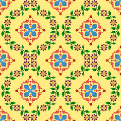 Aztec fabric carpet boho textile decoration wallpaper. Ikat pixel ethnic seamless pattern design. Tribal native motif ornaments traditional embroidery vector background 