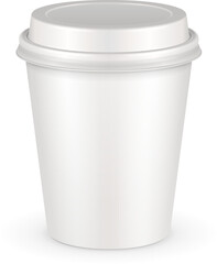 Mockup Blank Disposable Paper Cup With Lid. Container For Cold Or Hot Drink: Coffee, Java, Tea, Cappuccino. Illustration Isolated On White Background. Mock Up Template Ready For Your Design Vector