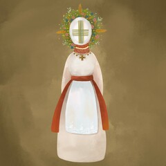 Ukrainian national doll named Motanka. Blonde with a spring wreath on her head. Green background. Draw in digital art national style. Symbol art. Ancient amulet. Historical attributes are national.