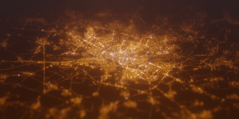 Street lights map of Sofia (Bulgaria) with tilt-shift effect, view from north. Imitation of macro shot with blurred background. 3d render, selective focus