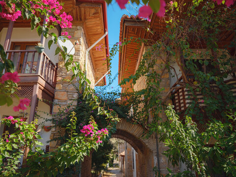 Akyaka, a coastal city in southwestern Turkey, is a growing center for international tourism. sunny warm autumn day, Beautiful traditional turkish houses