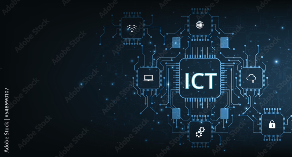 Fototapete Information and communication technology(ICT)design.Information and communication technology on dark blue background.Wireless communication network. Intelligent system automation.
