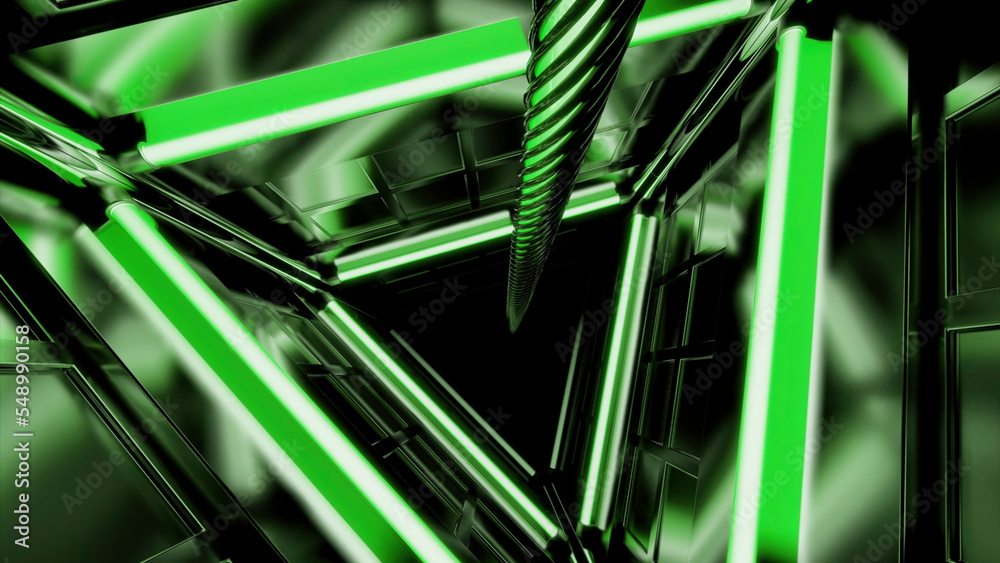 Poster pink and green background. desine.a triangular-shaped tunnel that moves in the opposite direction an