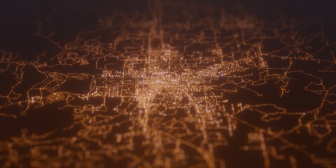 Street lights map of Gilette (Wyoming, USA) with tilt-shift effect, view from west. Imitation of macro shot with blurred background. 3d render, selective focus