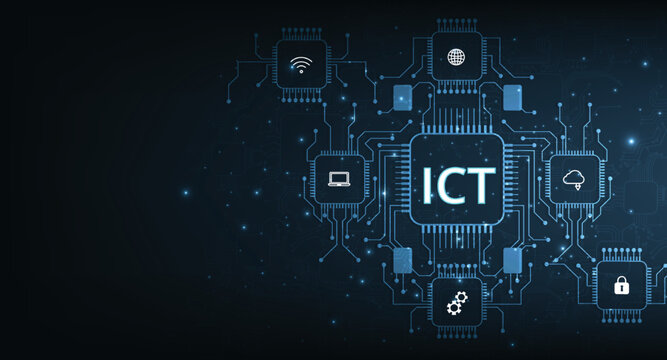 Information and communication technology(ICT)design.Information and communication technology on dark blue background.Wireless communication network. Intelligent system automation.