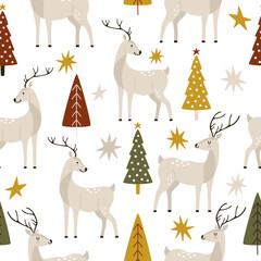 Hand-drawn gray deer with Christmas trees and abstract decor in Scandinavian style. Seamless vector pattern with wild animals for wallpaper or wrapping paper for New Year and Christmas winter holidays
