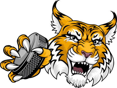 A wildcat or bobcat ice hockey team cartoon animal sports mascot