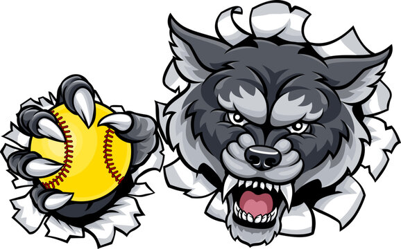 A wolf animal softball sports team cartoon mascot