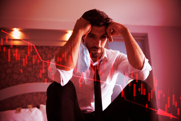 Red theme stressed business man shocked by bankruptcy stock downfall financial crisis, line graphs...