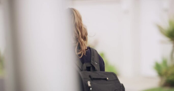 School, Walking And Student Listening To Music For Mental Health, Wellness And Audio Education In A Neighborhood In The Uk. Technology, Audio Streaming Or Subscription Service And Back To School Girl