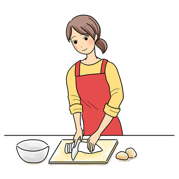 キッチンで料理をする女性のイラスト