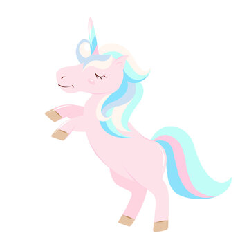 cute rainbow pink unicorn jumps and smiles, multicolored mane and tail