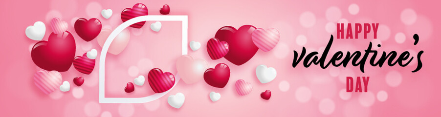 Valentines day  poster with red and pink hearts on background.
