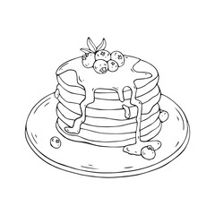 Linear sketch of pancakes. Pancakes with maple syrup, honey and blueberries. Vector graphics.