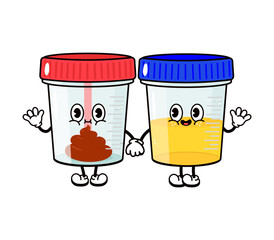 Cute, funny happy container for analysis urine feces character. Vector hand drawn cartoon kawaii characters, illustration icon. Funny cartoon container for analysis urine feces friends concept
