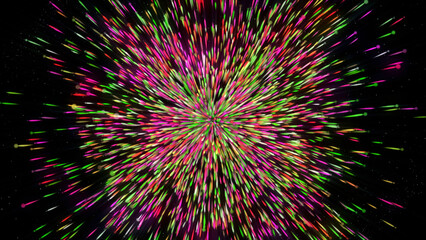 Fototapeta premium Hyperspace jump through the stars to a distant space. Motion. Traveling through star fields flying extremely fast, jumping through a wormhole to the end of tunnel in space.