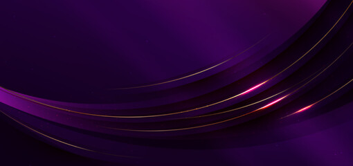 Luxury curve golden lines on dark purple  background with lighting effect copy space for text. Luxury design style.