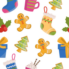 Christmas or New Year’s seamless pattern. Delicious drink, gingerbread, gift, gift sock, holly. Vector graphic.